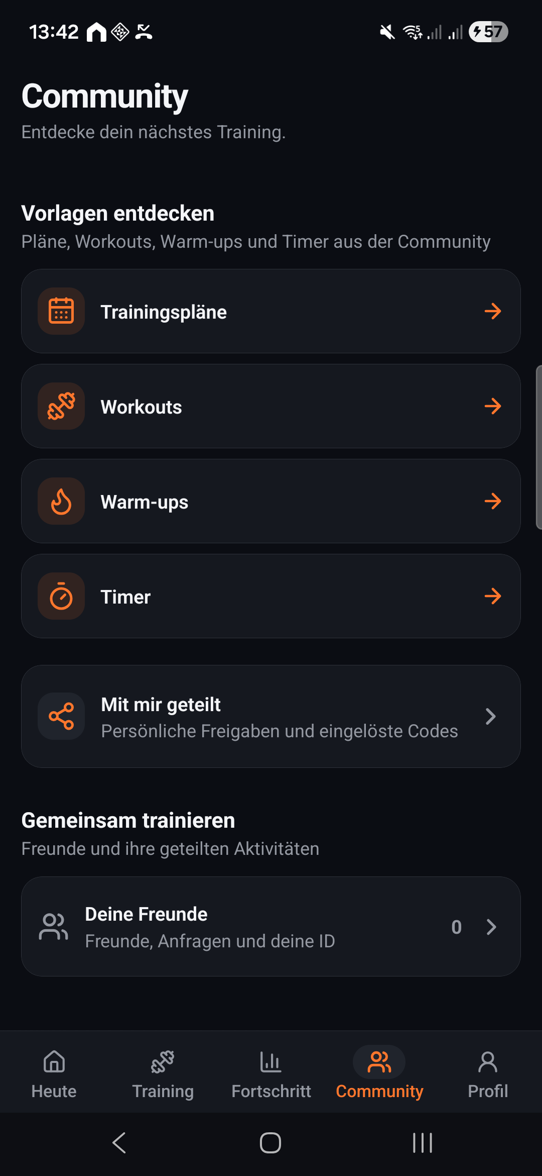 Community in der Android-App: Trainingspläne, Workouts, Warm-ups und Timer entdecken sowie persönliche Freigaben unter Mit mir geteilt öffnen.